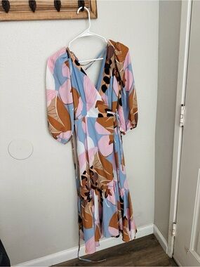 Hutch Anthropologie Petite Floral Dress SP Blue Pink Feminine Wrap Midi